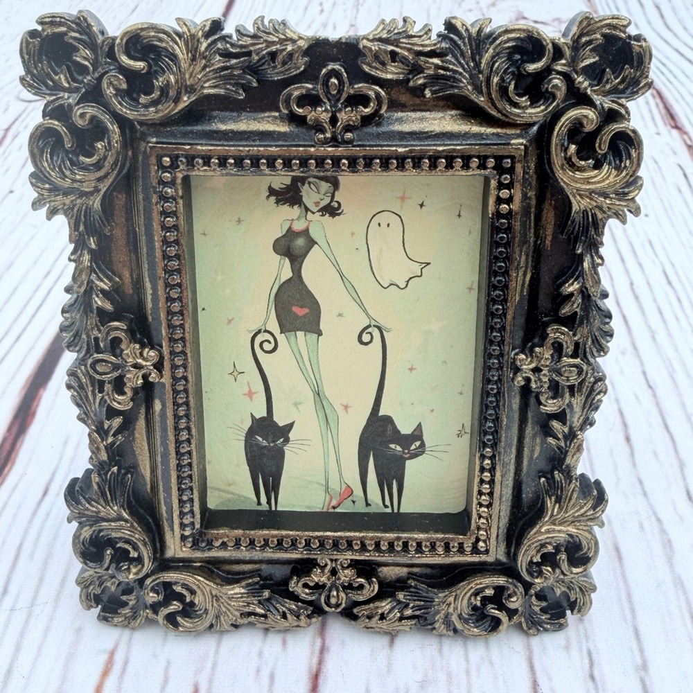 Original Ghoul Art Print Ornate Black Gold Baroque Frame Ghost Black Cats 4x3